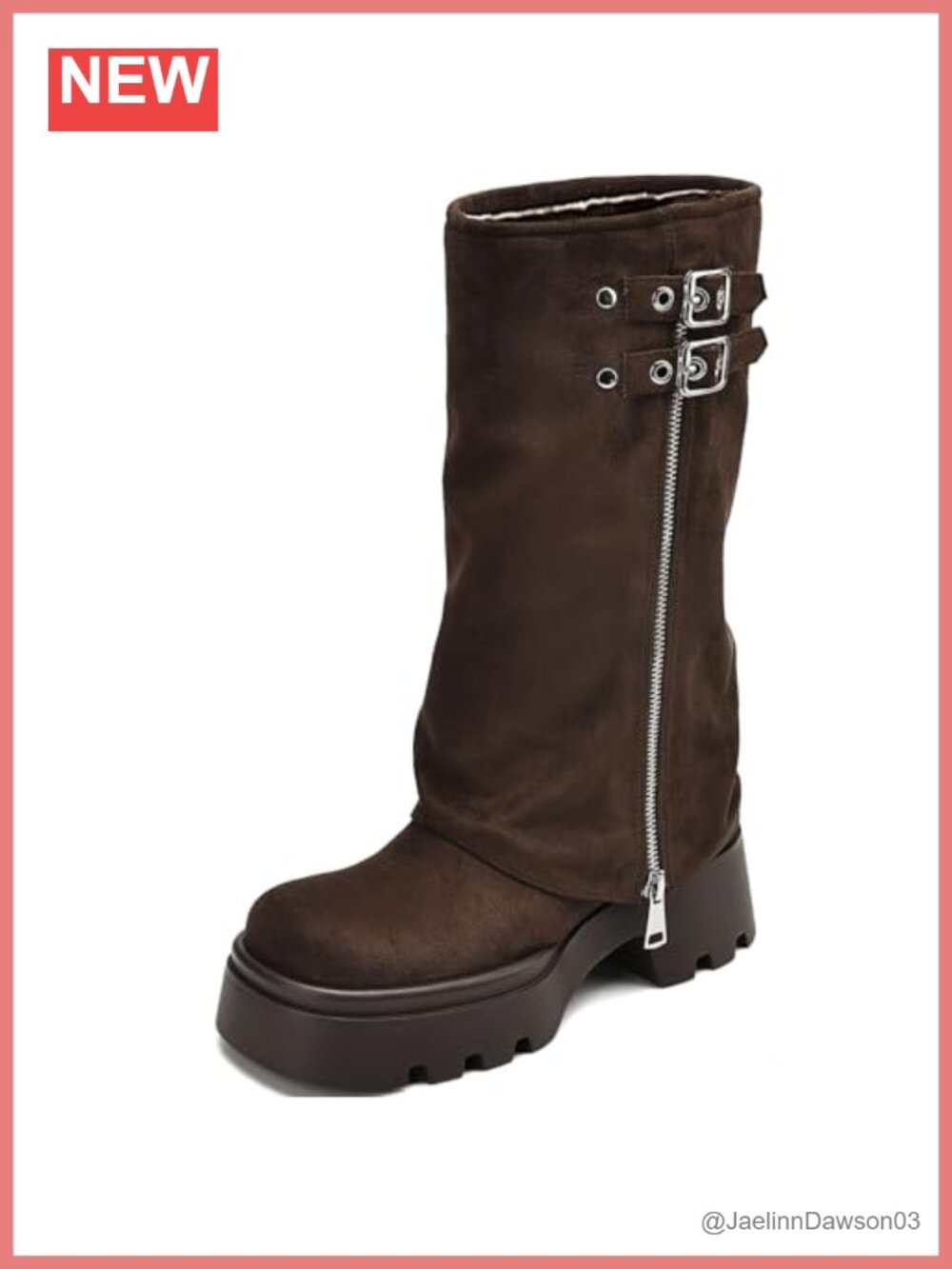 Women's Knee-High Faux Leather Moto Riding Boots, Fold Over Block Heel